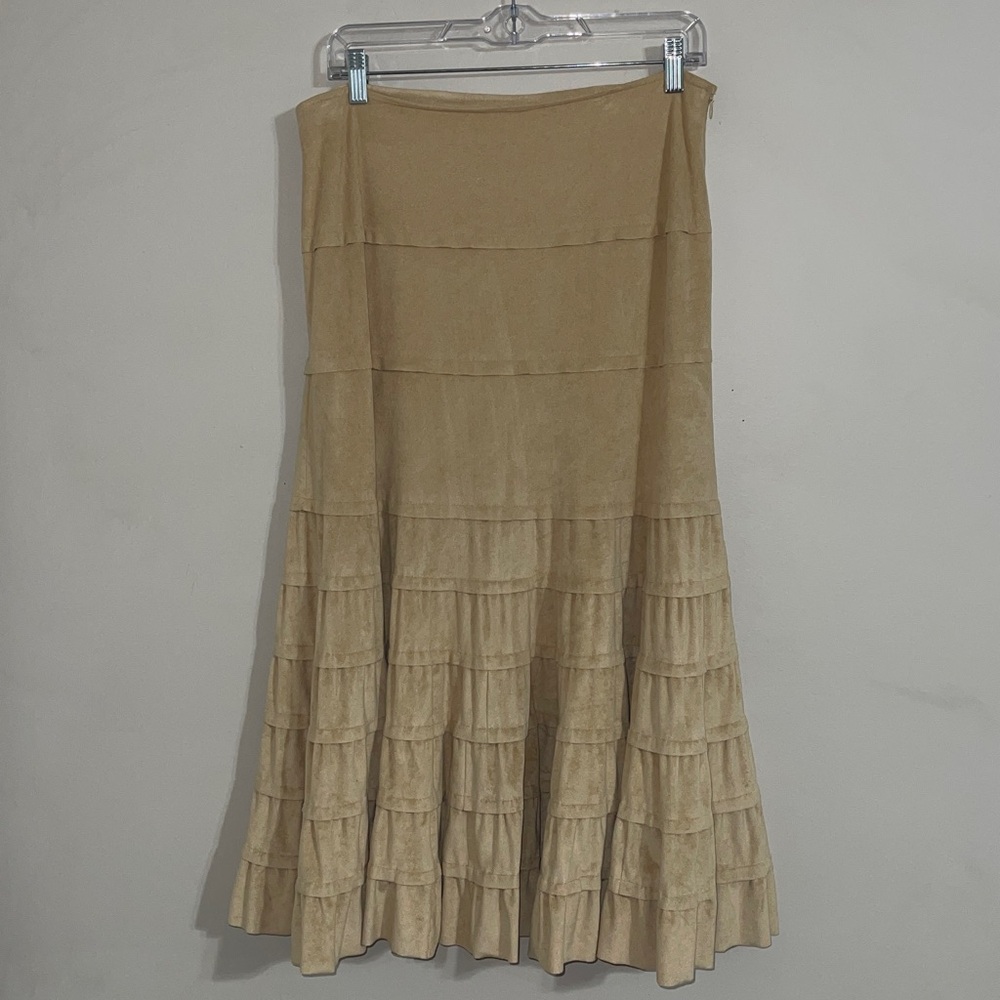 White house black market tan, faux suede  western boho tiered midi skirt 8